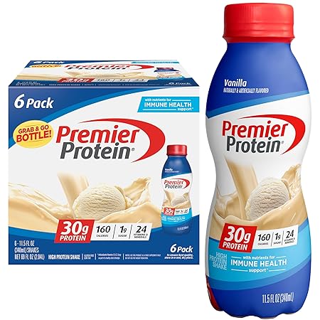 Premier Protein Shake, Vanilla, 30g Protein 1g Sugar 24 Vitamins Minerals Nutrients to Support Immune Health, 11.5 fl oz (Pack of 6)