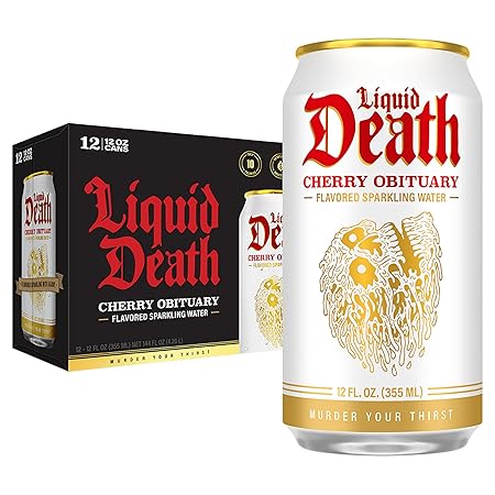 Liquid Death, Cherry Obituary, Soda-Flavored Sparkling Water, 12-Pack (12oz Cans), Low Sugar, Huge Flavor & No Artificial Sweeteners