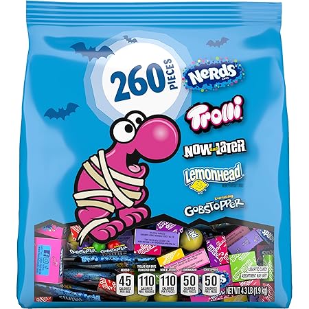 Halloween Classic Fun Trick-or-Treat Assortment with Nerds, Trolli, Now and Later, Lemonhead, Gobstoppers, 260 Pieces, 69.3 Ounces, Variety Bag