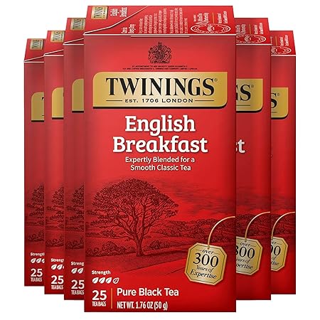 Twinings English Breakfast Black Tea Individually Wrapped Bags, 25 Count (Pack of 6), Flavourful, Robust Black Tea, Caffeinated, Enjoy Hot or Iced, 150 Teabags