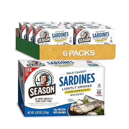 Season Sardines in Extra Virgin Olive Oil - Wild Caught, Lightly Smoked, 21g of Protein, Keto Snacks, More Omega 3's Than Tuna, Kosher, High in Calcium, Canned Sardines - 4.37 Oz Tins, 6-Pack