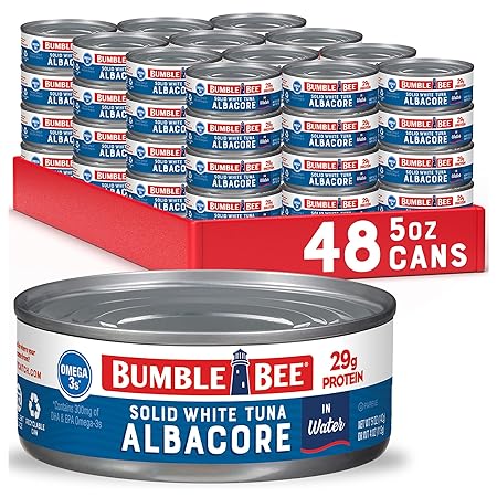 Bumble Bee Solid White Albacore Tuna in Water, 5 oz Can (Pack of 48) - Wild Caught Tuna - 29g Protein per Serving, High in Omega-3s - Non-GMO Project Verified, Gluten Free, Kosher