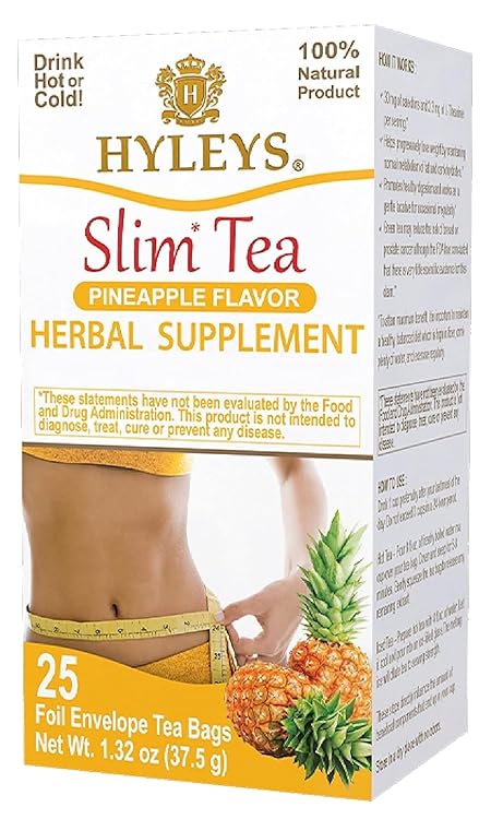 Hyleys Slim Tea Pineapple Flavor - Weight Loss Herbal Supplement Cleanse and Detox - 25 Tea Bags (12 Pack)