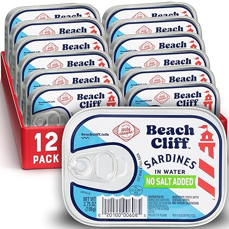 Beach Cliff Wild Caught Canned Sardines in Water, No Salt Added – High Protein, Keto Friendly, Gluten Free – Ideal Can Sardines for Healthy Recipes - 3.75 Ounce (Pack of 12)