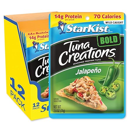 StarKist Tuna Creations BOLD Jalapeño, 2.6 oz Pouch (12 Pack) Ready to Eat Wild Caught Tuna, 14g Protein, 70 Calories Per Serving, Gluten Free, Soy Free, Kosher, Perfect for Salads, Meals and Snacks
