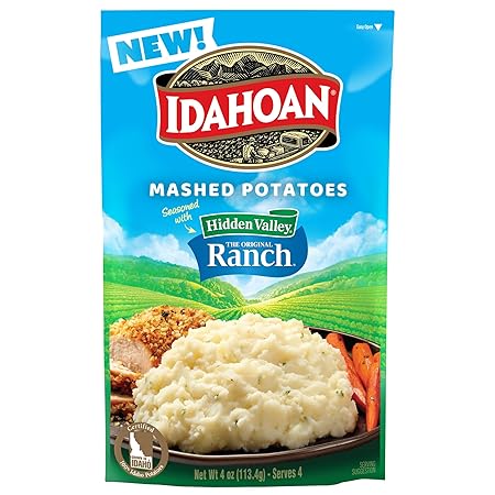 Idahoan Mashed Potatoes Seasoned with Hidden Valley Original Ranch, Naturally Gluten-Free, 100% Real Idaho Potatoes, 4 servings per bag, 4 ounce (Pack of 12)