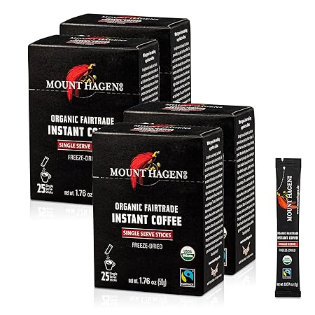 Mount Hagen 25 Count Single Serve Instant Coffee Packets - 4 Pack | Organic Medium Roast Arabica Beans | Eco-friendly, Fair-Trade [4 x 25 sticks/1.76oz/50g]