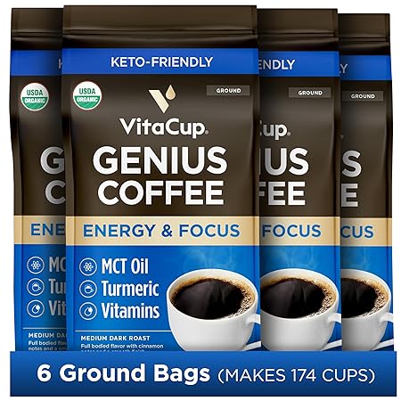 VitaCup Organic Genius Ground Keto Coffee, Increase Energy & Focus w/MCT Oil, Turmeric, B Vitamins, D3, USDA Organic Ground Coffee Medium Dark Roast, 100% Arabica Beans, 6 bags, 10 oz each