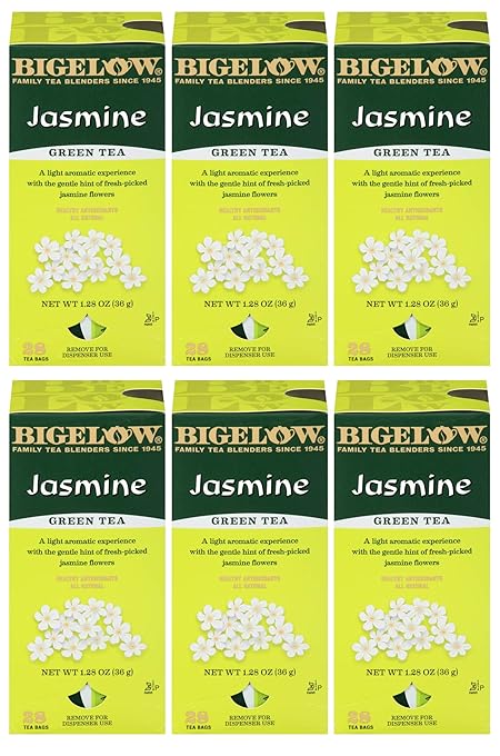 Bigelow Green Tea with Jasmine 28-Count Boxes (Pack of 6) Premium Bagged Jasmine Scented Green Tea Antioxidant-Rich All Natural Medium-Caffeine Tea in Individual Foil-Wrapped Bags