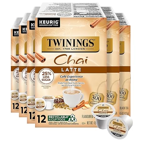Twinings Chai Latte Black Tea 72 K-Cup Pods for Keurig, 12 Count (Pack of 6), Creamy, Slightly Sweet, Less Sugar, Caffeinated, Enjoy Hot or Iced