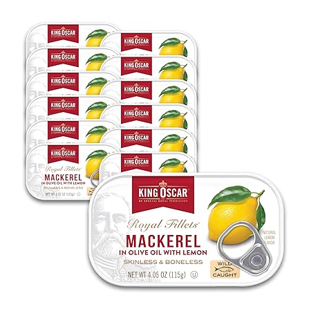 King Oscar Mackerel in Olive Oil with Lemon, 4.05 Ounce Cans (Pack of 12, Packaging May Vary), Skinless & Boneless, Wild Caught Canned Mackerel