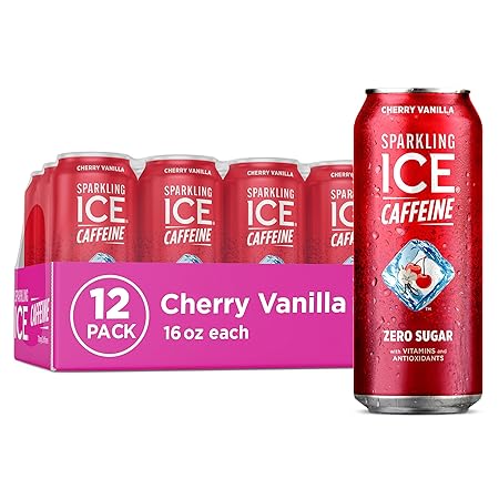 Sparkling Ice Caffeine Cherry Vanilla Sparkling Water with Caffeine, Zero Sugar, with Antioxidants and Vitamins,16 fl oz Cans (Pack Of 12)