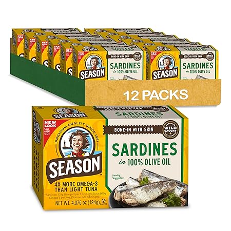 Season Sardines in Olive Oil - Wild Caught, 22g of Protein, Keto Snacks, More Omega 3's Than Tuna, Kosher, High in Calcium, Canned Sardines - 4.37 Oz Tins, 12-Pack