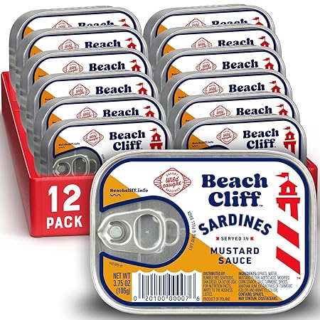 Beach Cliff Wild Caught Sardines in Mustard Sauce, 3.75 oz Can (Pack of 12) - 18g Protein per Serving - Gluten Free, Keto Friendly - Great for Pasta & Seafood Recipes