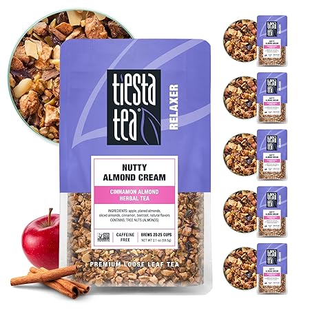 Tiesta Tea - Nutty Almond Cream, Loose Leaf, Cinnamon Almond Herbal Tea, Premium Non-Caffeinated Blend, Make Hot or Iced & Brews Up to 25 Cups, 12.6oz Resealable Pouch, Pack of 6