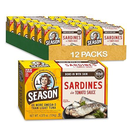 Season Sardines in Tomato Sauce - Wild Caught, 22g of Protein, Keto Snacks, More Omega 3's Than Tuna, Kosher, High in Calcium, Canned Sardines - 4.37 Oz Tins, 12-Pack