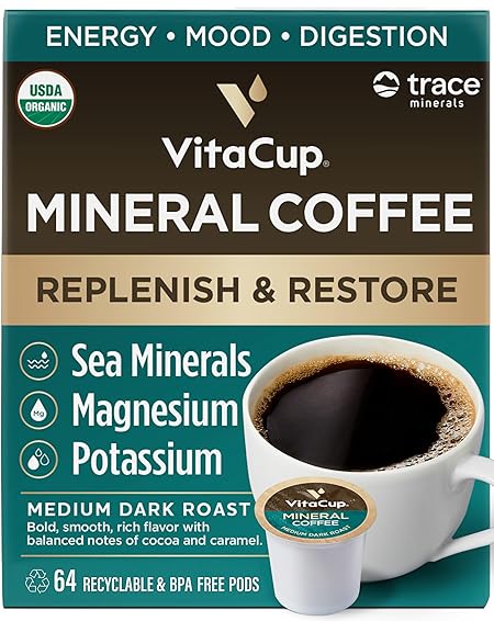 VitaCup Mineral Coffee Pods with Trace Minerals, Hydrate, Replenish & Restore, w/Sea Minerals, Electrolytes, Organic Coffee, Medium Dark Roast, Single Serve Pod Compatible w/Keurig K-Cup Brewers,64 Ct