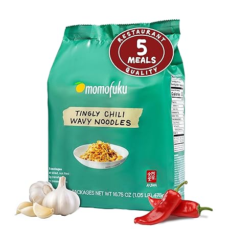 Momofuku Tingly Chili Ramen Noodles by David Chang, 5 Count (Pack of 1) Air-Dried Vegan Instant Noodles with Sauce