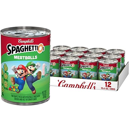 SpaghettiOs Super Mario Bros Canned Pasta with Meatballs, 15.6 oz Can (Pack of 12)