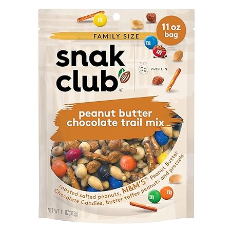Snak Club Peanut Butter Chocolate Trail Mix with Peanuts, Peanut Butter M&M’S, Toffee Peanuts, and Pretzels, 11 oz Resealable Bag