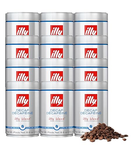 Illy Whole Bean Coffee, Decaffeinated - Medium Roast - Mild & Balanced - 100% Arabica - Whole Beans - Pressurized Packaging Sealed for Freshness - 8.8oz can (Pack of 12)