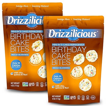 Drizzilicious Mini Rice Cakes Birthday Cake - Rice Crisps, Healthy Snack for Adults and Kids, Flavored Rice Cakes, Vegan, Gluten Free, Allergen Free, Only 90 Calories Per Serving - 4 oz (Pack of 2)