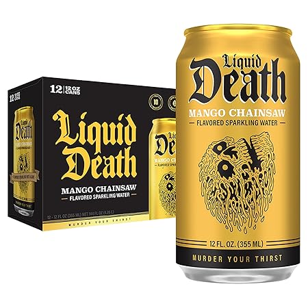 Liquid Death, Mango Chainsaw, Soda-Flavored Sparkling Water, 12-Pack (12oz Cans), Low Sugar, Huge Flavor & No Artificial Sweeteners
