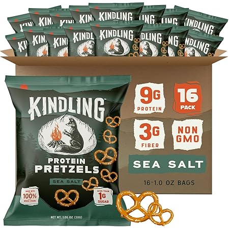 Kindling Protein Pretzels - Sea Salt | Protein-Packed Snack Size Bags | Kosher | 8-9g Protein Per Serving | Only 1-2g of Total Sugar | No Artificial Flavors, Soy-Free | Lunches, Office Snacks, & On-the-Go | 16-Count (1.06oz Bags)