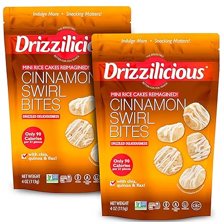 Drizzilicious Mini Rice Cakes Cinnamon Swirl - Rice Crisps, Healthy Snack for Adults and Kids, Flavored Rice Cakes, Vegan, Gluten Free, Allergen Free, Only 90 Calories Per Serving - 4 oz (Pack of 2)