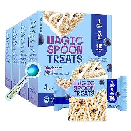 MAGIC SPOON Treats - High Protein, Low Carb, Keto Friendly, Low Sugar, Gluten Free, Crispy Protein Bar Cereal Bar, On-The-Go Healthy Snack (Blueberry Muffin, 16 Bars)