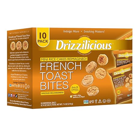 Drizzilicious Mini Rice Cakes French Toast - Rice Crisps, Healthy Snack for Adults and Kids, Flavored Rice Cakes, Vegan, Gluten Free, Allergen Free, Only 90 Calories Per Bag - .74 oz (Pack of 10)