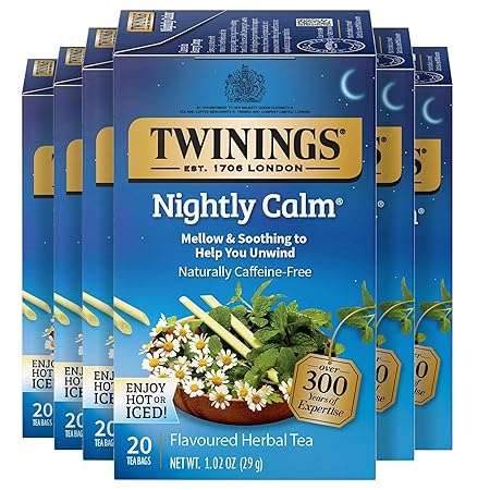 Twinings Nightly Calm Herbal Tea Individually Wrapped Bags, 20 Count (Pack of 6), Spearmint & Lemongrass, Naturally Caffeine-Free, Enjoy Hot or Iced, 120 Teabags