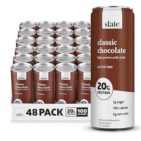 Slate Milk - High Protein Milk Shake - Classic Chocolate - Lactose Free, 20g Protein, 1g Sugar, 100 Calories, 2g Net Carbs, No Added Sugar - Natural, Breakfast Boost, Post Workout - 11 fl oz, 48 Cans
