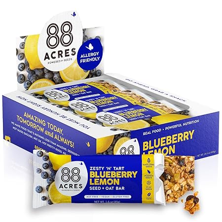 88 Acres Granola Bars | Blueberry Lemon | Gluten Free, Nut-Free Oat and Seed Granola Bar | Vegan & Always Non GMO | 12 Pack