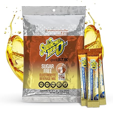 Sqwincher Zero Qwik Stik, Lemonade Tea, Sugar Free, Low Calorie, Low Sodium Electrolyte Powder Hydration Drink Mix, .11 0z Packet (Pack of 50)