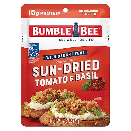 Bumble Bee Sun-Dried Tomato & Basil Seasoned Tuna, 2.5 oz Pouch - Ready to Eat - Wild Caught Tuna Packet - 15g Protein per Serving - Gluten Free