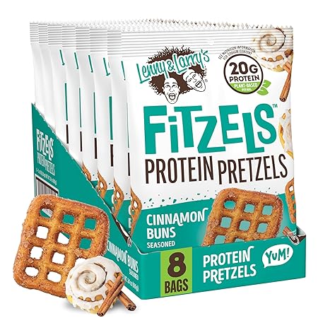 Lenny & Larry's FITZELS Protein Pretzels (Cinnamon Buns) 8 Individual Bags 3 oz Each – High Protein Snacks with 20g of Plant Based Protein – Healthy Vegan Pretzels – Delicious Salty Taste