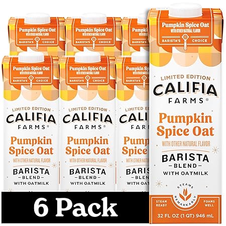 Califia Farms - Pumpkin Spice Oat Barista Blend Oat Milk, 32 Oz (Pack of 6), Shelf Stable, Dairy Free, Plant Based, Vegan, Gluten Free, Non GMO, High Calcium, Milk Frother, Creamer, Oatmilk