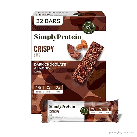 Simply Protein - Dark Chocolate Almond Crispy Bars - Plant Based Protein Bars - Low Carb, Low Sugar, High Fiber - 13g Protein, 2g Sugar, 7g Fiber - Vegan, Gluten Free, Non GMO, Kosher - 32 Bars
