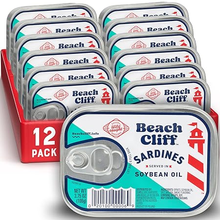 Beach Cliff Wild Caught Sardines in Soybean Oil, 3.75 oz Can (Pack of 12) - 14g Protein per Serving - Gluten Free, Keto Friendly - Great for Pasta & Seafood Recipes
