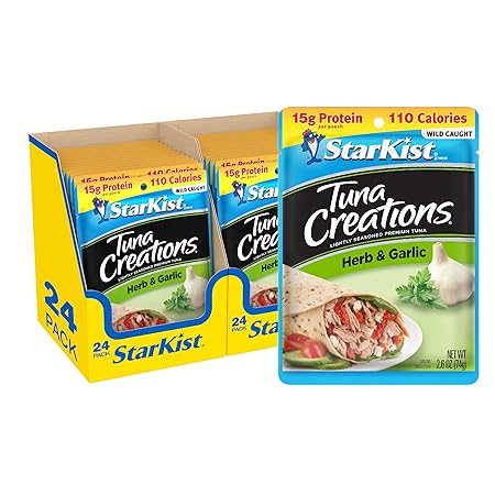 StarKist Tuna Creations Herb and Garlic, 2.6 oz Pouch (24 Pack) Ready to Eat Wild Caught Tuna, 15g Protein, 110 Calories Per Serving, Kosher, Perfect for Salads, Meals and Snacks