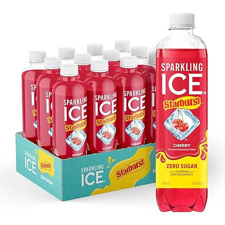 Sparkling Ice STARBURST Cherry, Zero Sugar Flavored Sparkling Water, with Vitamins and Antioxidants, Low Calorie Beverage, 17 fl oz Bottles (Pack of 12)