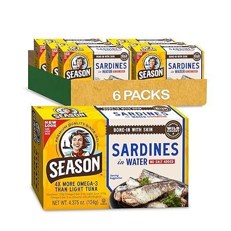 Season Sardines in Water - No Salt Added, Wild Caught, 22g of Protein, Keto Snacks, More Omega 3's Than Tuna, Kosher, High in Calcium, Canned Sardines - 4.37 Oz Tins, 6-Pack