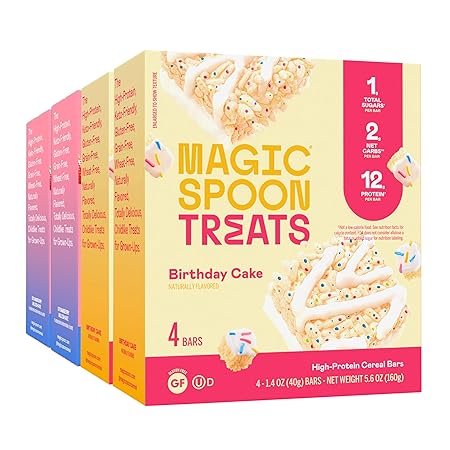 MAGIC SPOON Treats - High Protein, Low Carb, Keto Friendly, 1g of Sugar, Gluten Free, Crispy Treat Cereal Bar, On-The-Go Healthy Snack (8 Birthday Cake Bars, 8 Strawberry Milkshake Bars)