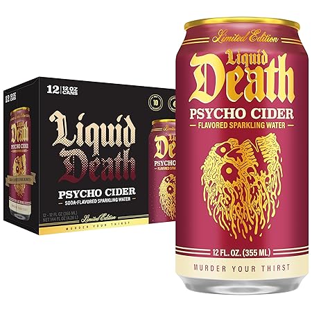 Liquid Death, Psycho Cider, Apple Cider-Flavored Sparkling Water, 12-Pack (12oz Cans), Low Sugar, Huge Flavor & No Artificial Sweeteners