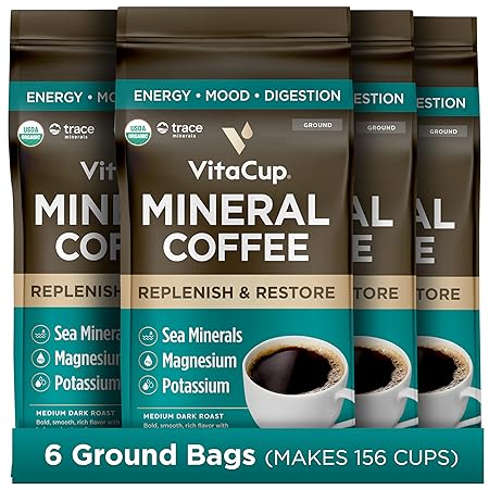 VitaCup Mineral Coffee with Trace Minerals, Hydrate, Replenish & Restore w/All Natural Sea Minerals, Electrolytes, Organic, Single Origin, Medium Dark Roast, Ground Coffee, 6 Bags 10oz Each