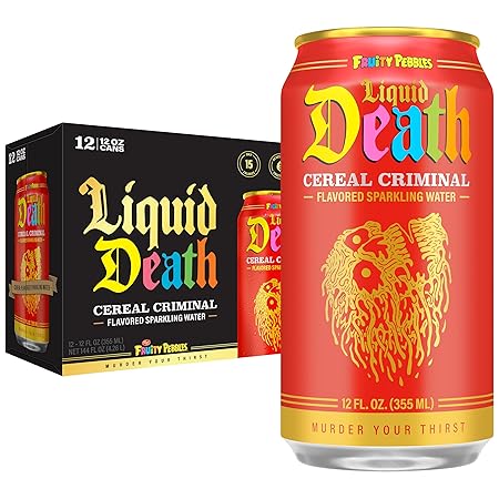 Liquid Death, Cereal Criminal, Fruitty Pebbles-Flavored Sparkling Water, 12-Pack (12oz Cans), Low Sugar, Huge Flavor & No Artificial Sweeteners