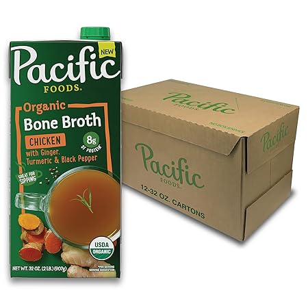 Pacific Foods Organic Chicken Bone Broth With Ginger, Turmeric, and Black Pepper, 32 oz Carton (12 Pack)