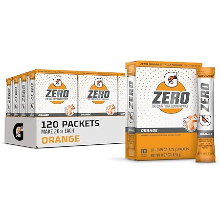 Gatorade G Zero Sports Drink Mix Powder Packets, Orange, Electrolyte Powder Drink Mix for Hydration, Zero Sugar, Total 120 Packets