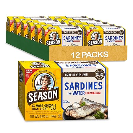 Season Sardines in Water - No Salt Added, Wild Caught, 22g of Protein, Keto Snacks, More Omega 3's Than Tuna, Kosher, High in Calcium, Canned Sardines - 4.37 Oz Tins, 12-Pack